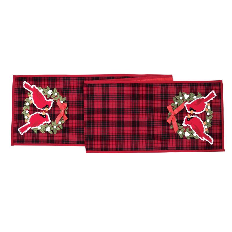 72" x 13" Christmas Holiday Red Cardinal with Wreath Red & Black Plaid Cotton Table Runner