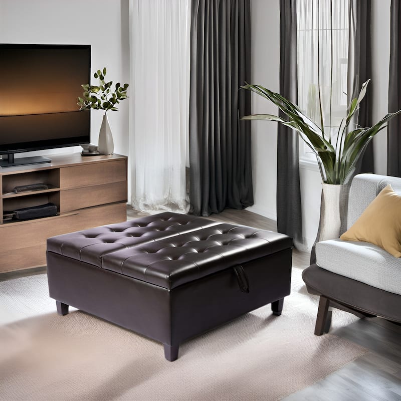 35" Tufted Air Leather Ottoman Bench with Lift-Top & Storage Table - Espresso