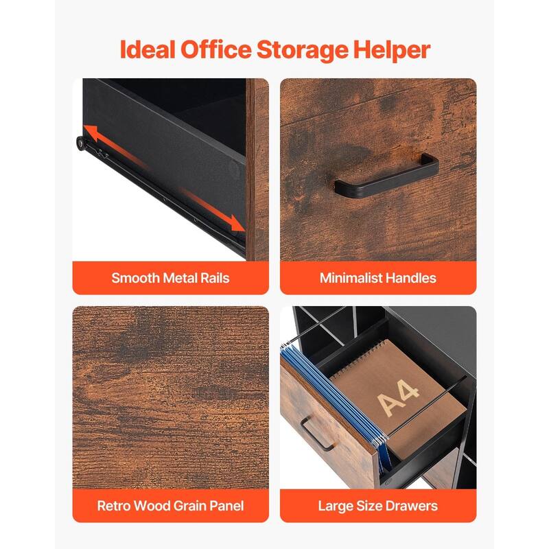 Black Particle Board 2 Drawer File Cabinet with 4 Compartments and Rolling Casters