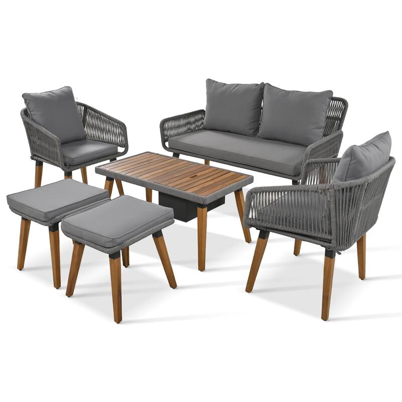 6-Piece Rope Patio Furniture Set with Acacia Wood Cool Bar Table