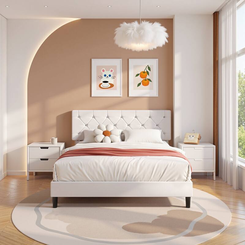 VECELO Upholstered Beds With Diamond Tufted Headboard Platform Bed Frame 7.9'' Under Bed Space