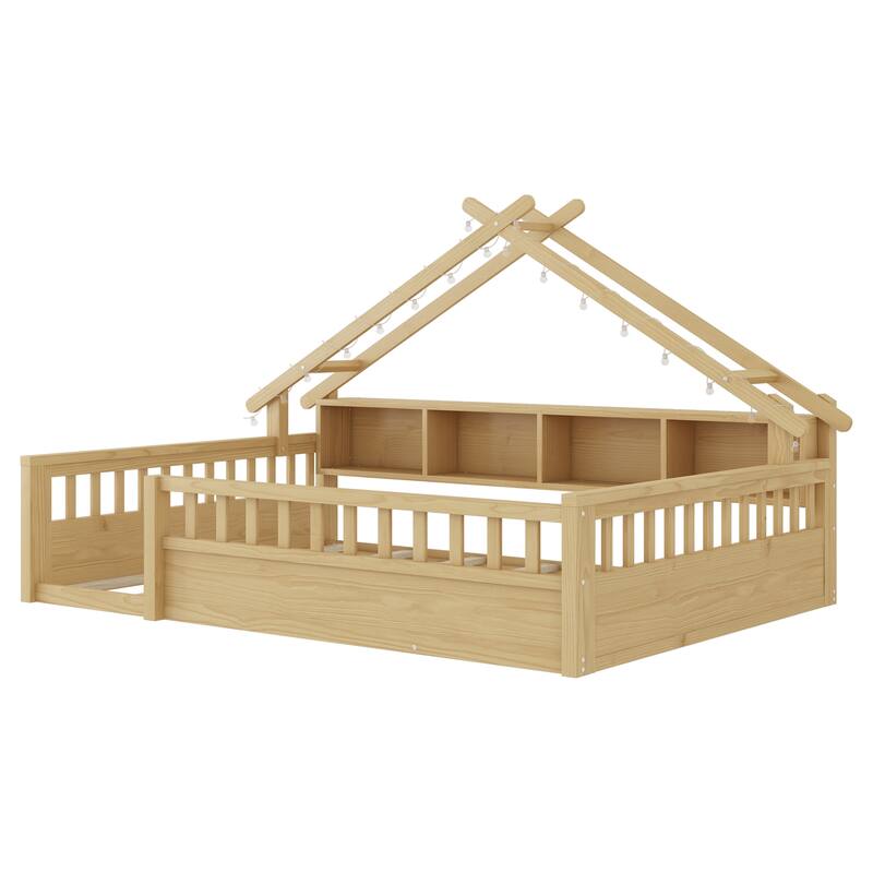 Twin/Full Floor Bed with Storage Bookshelves & Roof Shape for Kids
