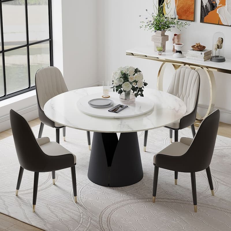 Modern Round White Dining Table，Sintered Stone Tabletop, Solid Black Carbon Steel Base