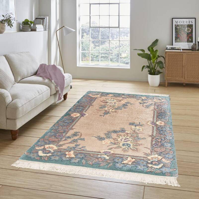 Gertmenian Oriental Estate Traditional Oriental Floral Border Metallion Hand Knot Wool Area Rug Collection - Azure Garden - 2x3
