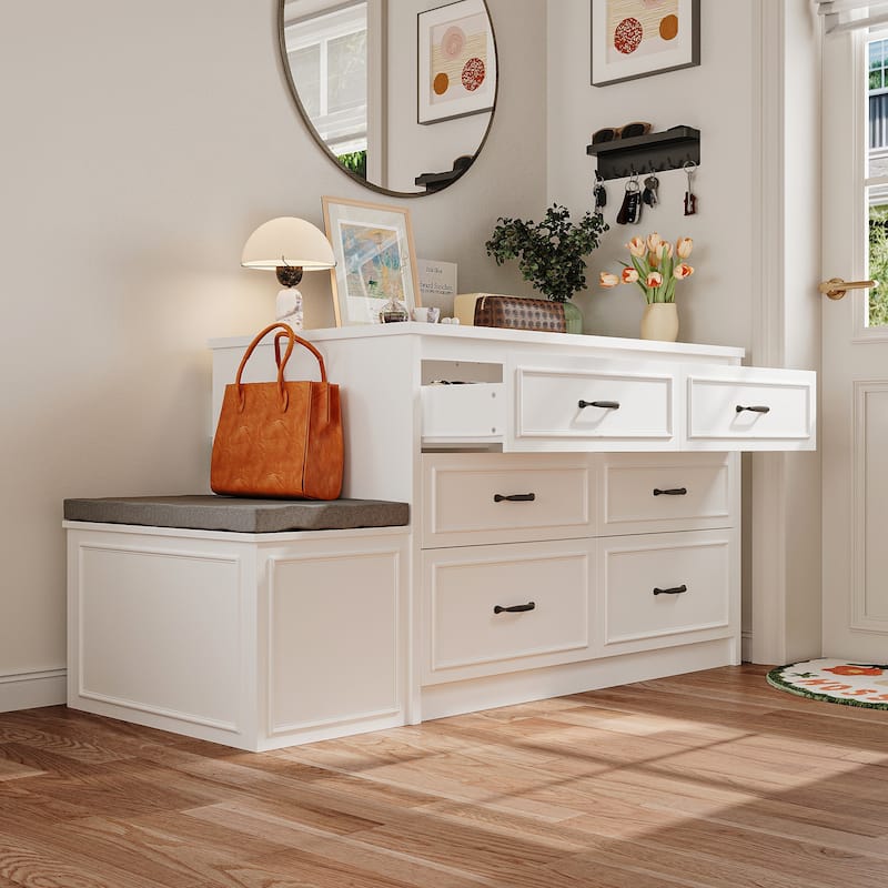 White Dresser with Seat and Storage 6 Drawer Closet Island Cabinet Bedroom Organization Bench