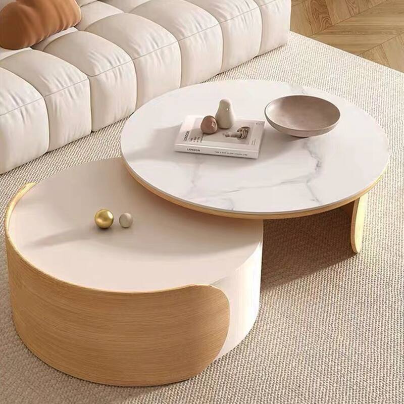 Modern Round Coffee table, Stone Table-top, Natural Wood - 50" x 31.5" - 50" x 31.5" - Beige - Marble