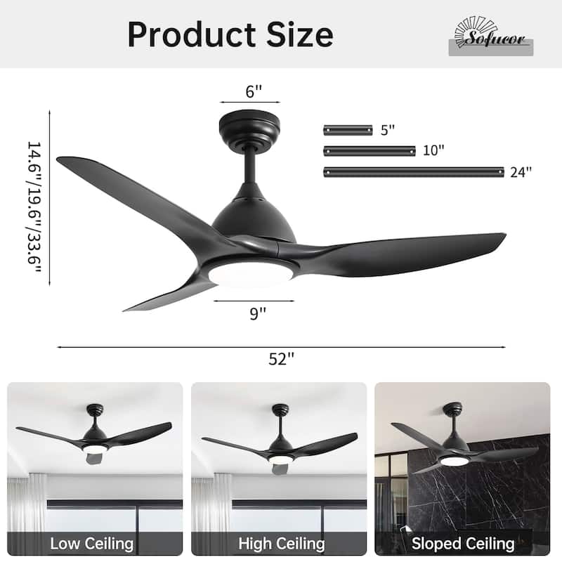 Sofucor 52" Farmhouse Indoor&Outdoor Ceiling Fan with Remote,Adjustable LED - 52Inch