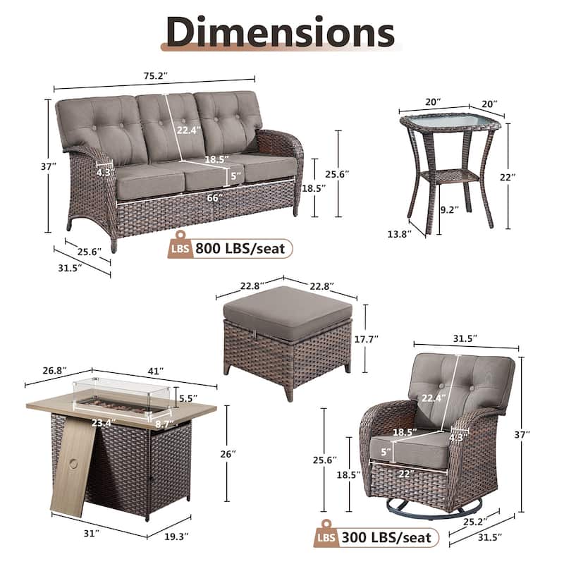 TWrap Wicker Patio Fire Pit Conversation Set with 3-Seat Sofa & Swivel Gliders