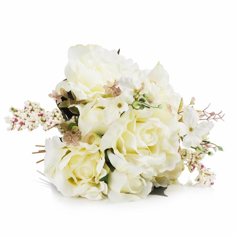 Enova Home Mixed Artificial Silk Roses Fake Flowers Arrangement in Glass Vase with Faux Water and River Stone for Home Decor