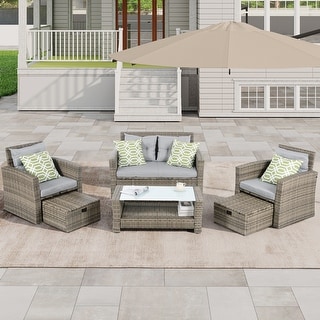 6 Set Wicker Furniture With Tempered Glass Coffee Table,Patio Furniture,Outdoor Furniture,Seasonal PE Wicker Furniture