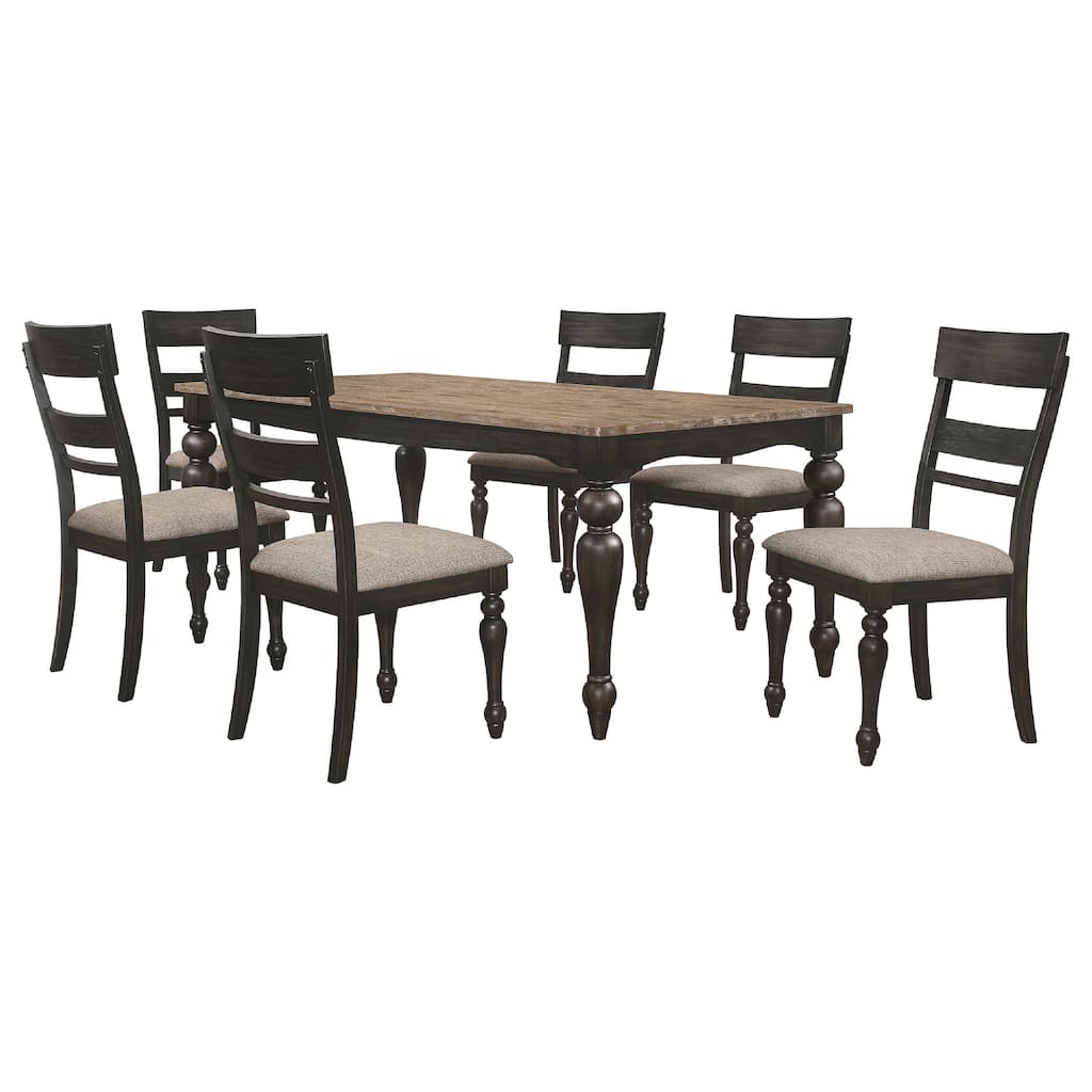 Brad 7pc Dining Table Set, Brushed Hardwood Top, 6 Chairs Light Brown Seats