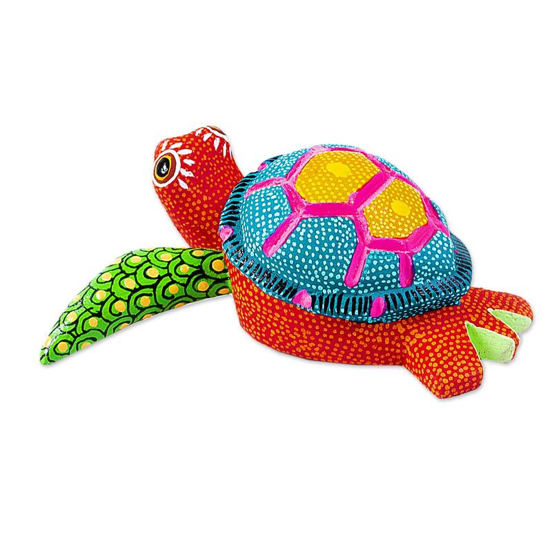 Novica Handmade Orange Turtle Wood Alebrije Figurine