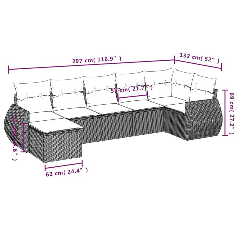 vidaXL 7/8 Piece Patio Sofa Set with Cushions Gray/Brown/Black Poly Rattan - 24.4" x 24.4" x 27.2"