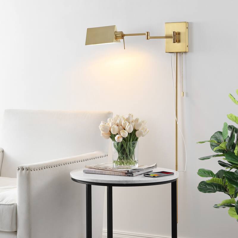 Curtis Farmhouse Swing Arm Plug-In or Hardwired Iron LED Wall Sconce with Pull-Chain with USB Charging Port, by JONATHAN Y