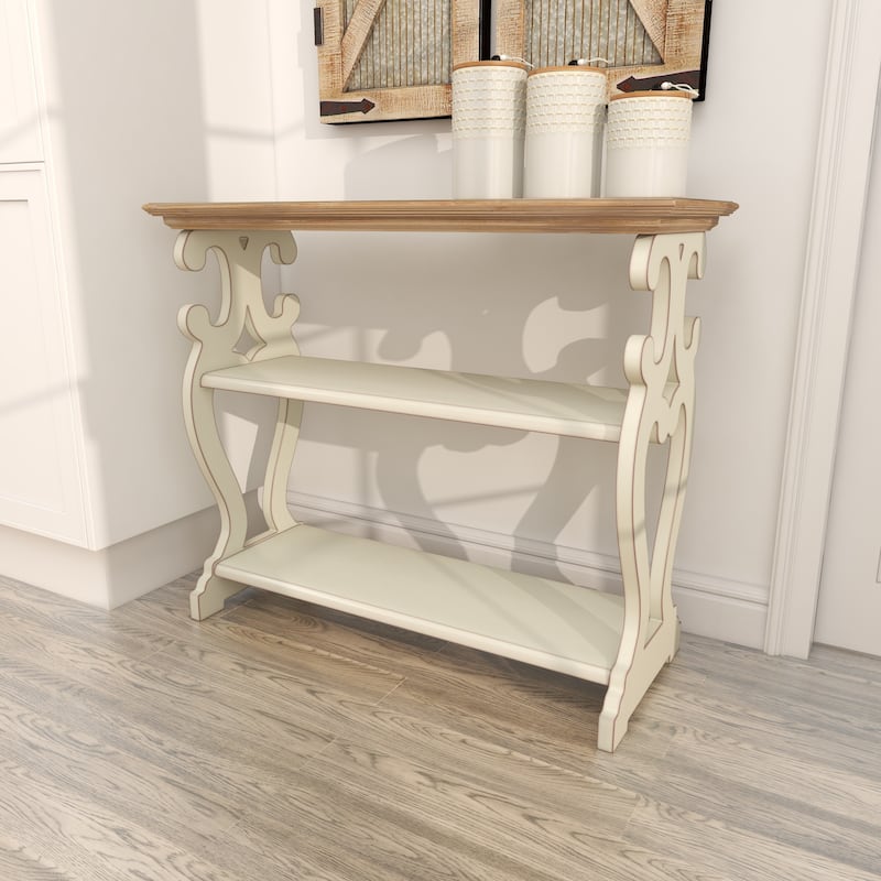 White Wood Scroll Side Frames 2 Shelf Console Table with Brown Wood Top - White or Black