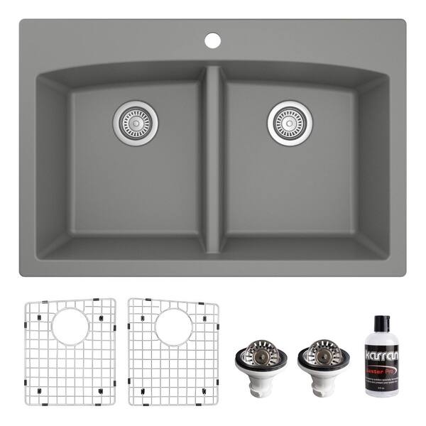 slide 41 of 72, Karran Drop-in Quartz 33 in. Double Bowl 50/50 Kitchen Sink Kit Grey