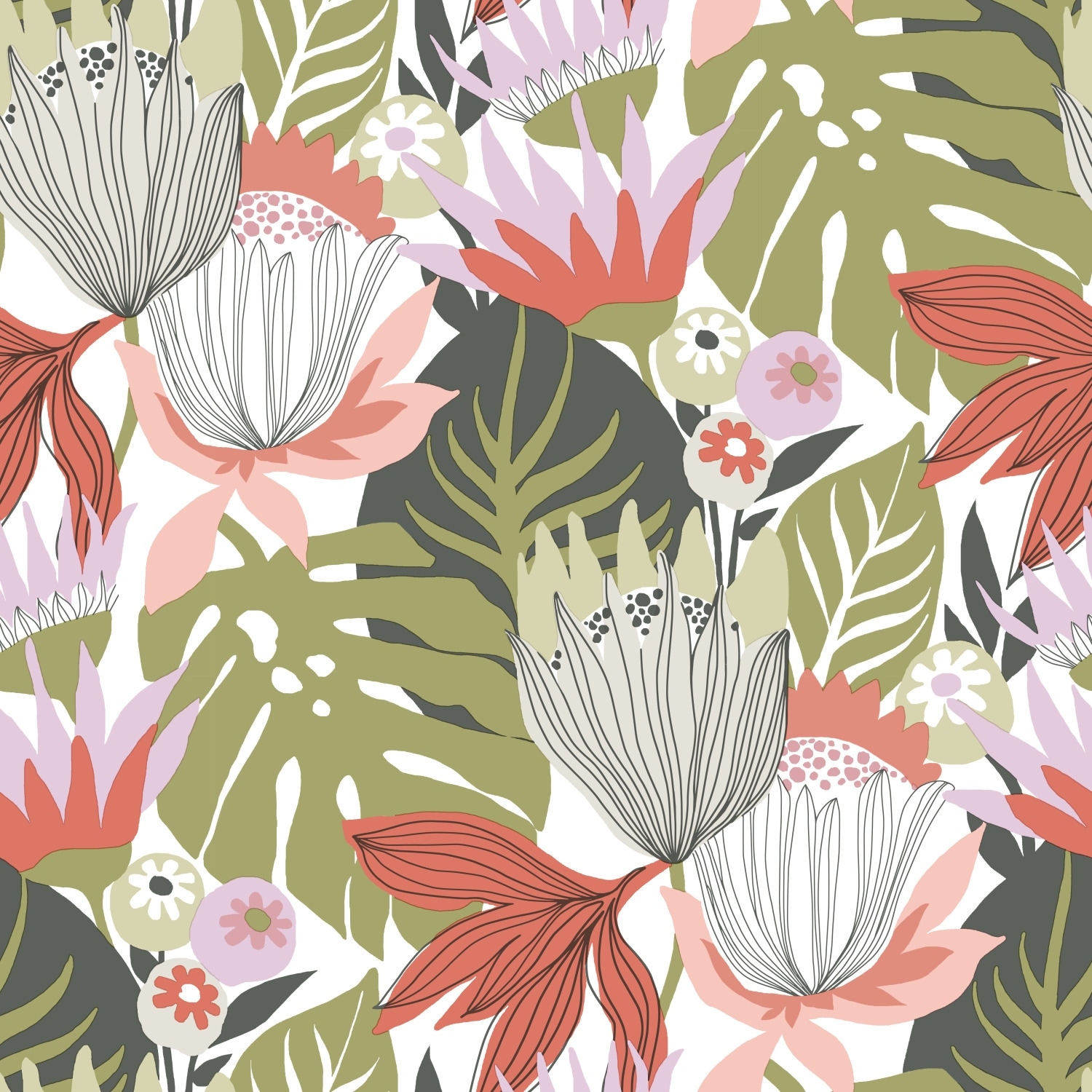 RoomMates Green & Red Retro Tropical Leaves Peel and Stick Wallpaper