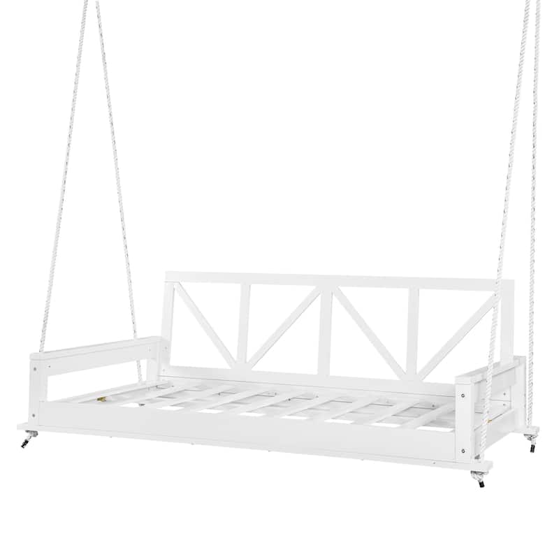 Acacia Wood Twin Size Patio Swing Bed Modern Porch Swing Hanging Bed Frame with 16.4ft Hemp Ropes