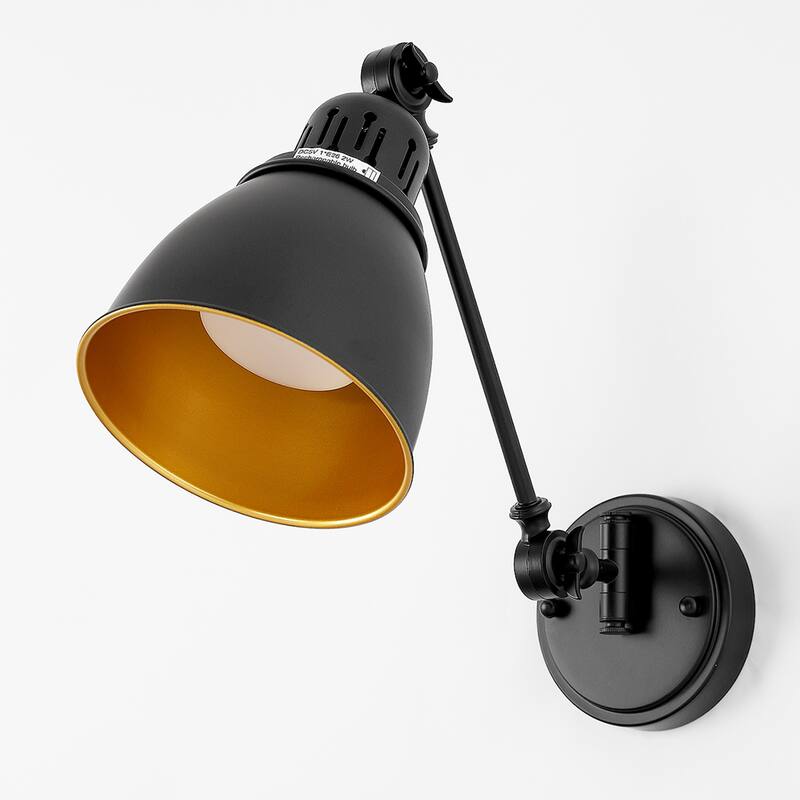 Black & Gold Wall Sconces Set of 2 with Swing Arm, Cone Shade, E26 Rechargeable Light, Remote Control - 6.1*6.1*8.66