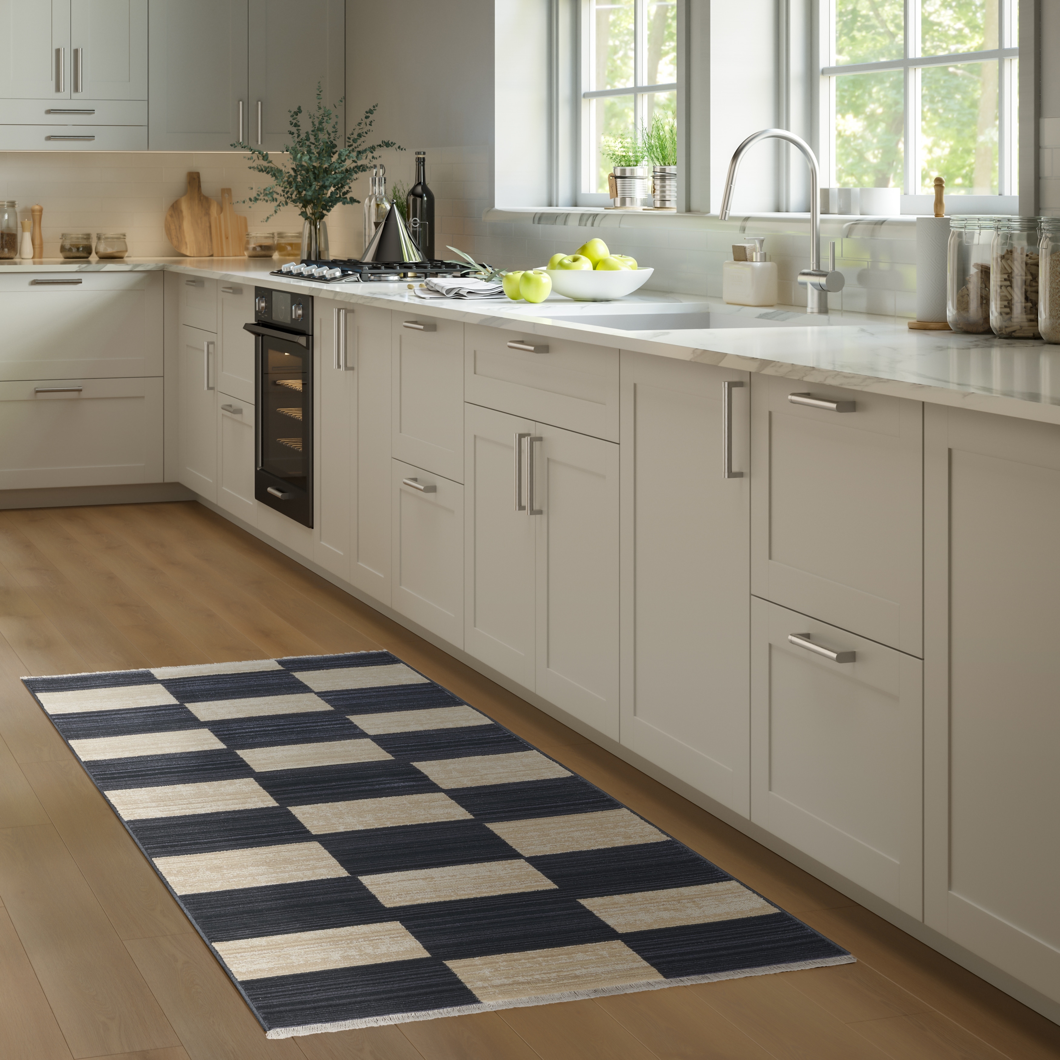 Abani Rugs Austin AUS110A Modern Black Ivory Navy Block Checkered Contemporary Runner Rug