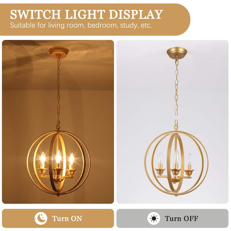 3 - Light Industrial Metal Orb Hanging Chandelier with Adjustable Chain