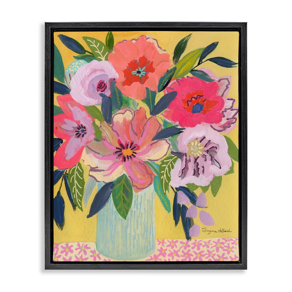 Stupell Vibrant Pink Bouquet on Yellow Framed Floater Canvas Wall Art Design By Suzanne Allard