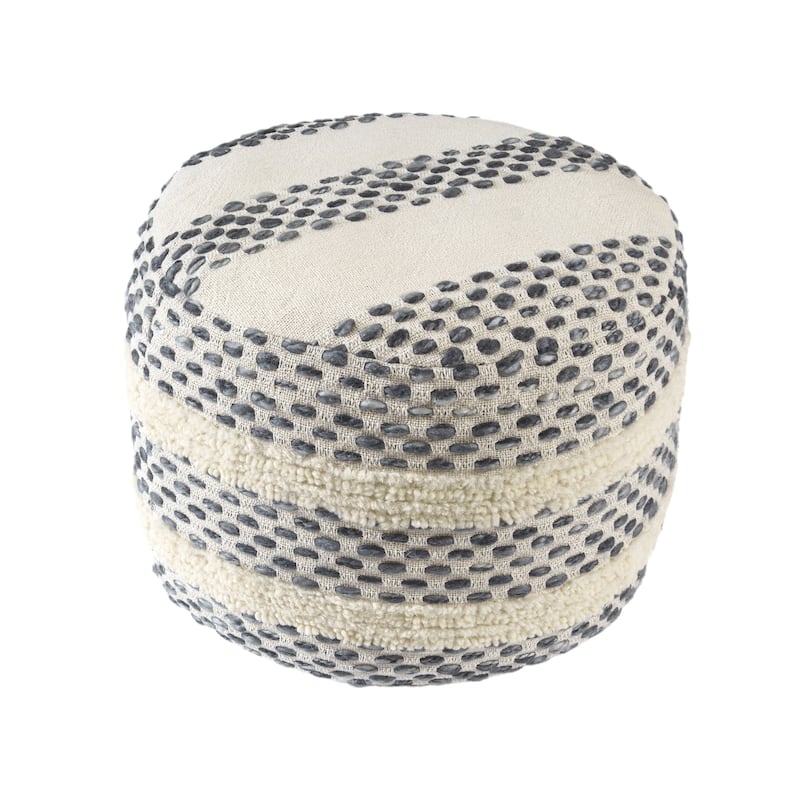 18" Ivory and Blue Cotton Blend Round Striped Pouf Ottoman