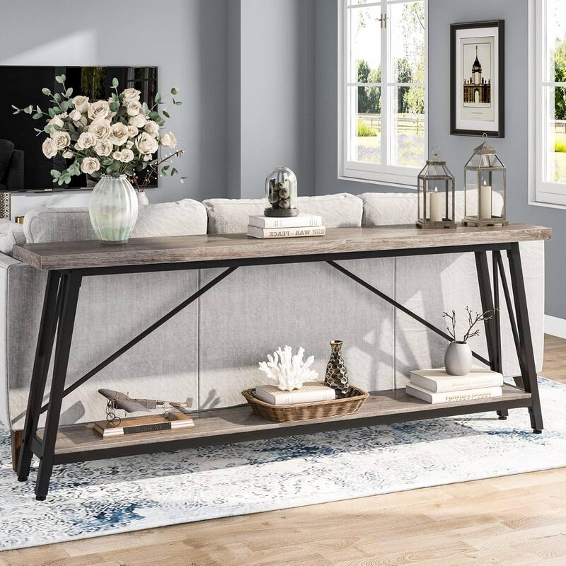 70.9"Light Gray & Black Industrial Sofa Table - Extra Long Entryway Console - Grey