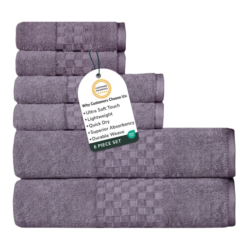 Feather and Stitch NY 650 GSM Premium Cotton 6 Piece Towel Set Super Absorbent Quick Dry Spa Quality - Grape