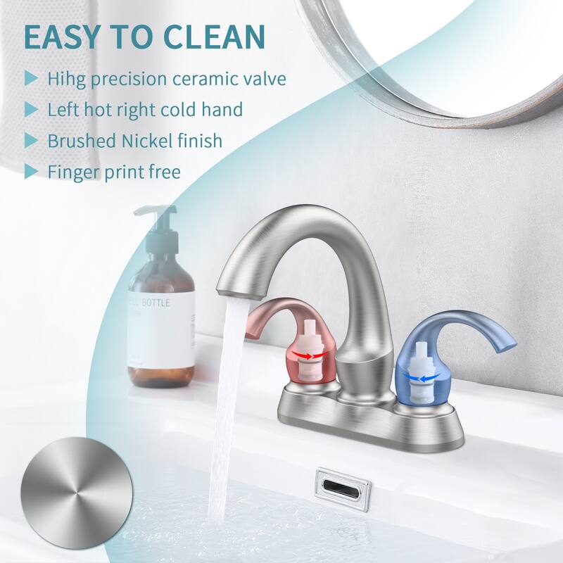 Bathroom Faucet 2-Handle with Aerator, Swan Style 4-inch Centerset Vanity Sink with Pop-Up Drain and Supply Hoses