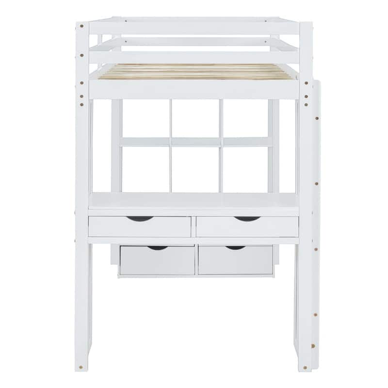 Twin Size Wooden Loft Bed with large shelves, writing desk and LED Light