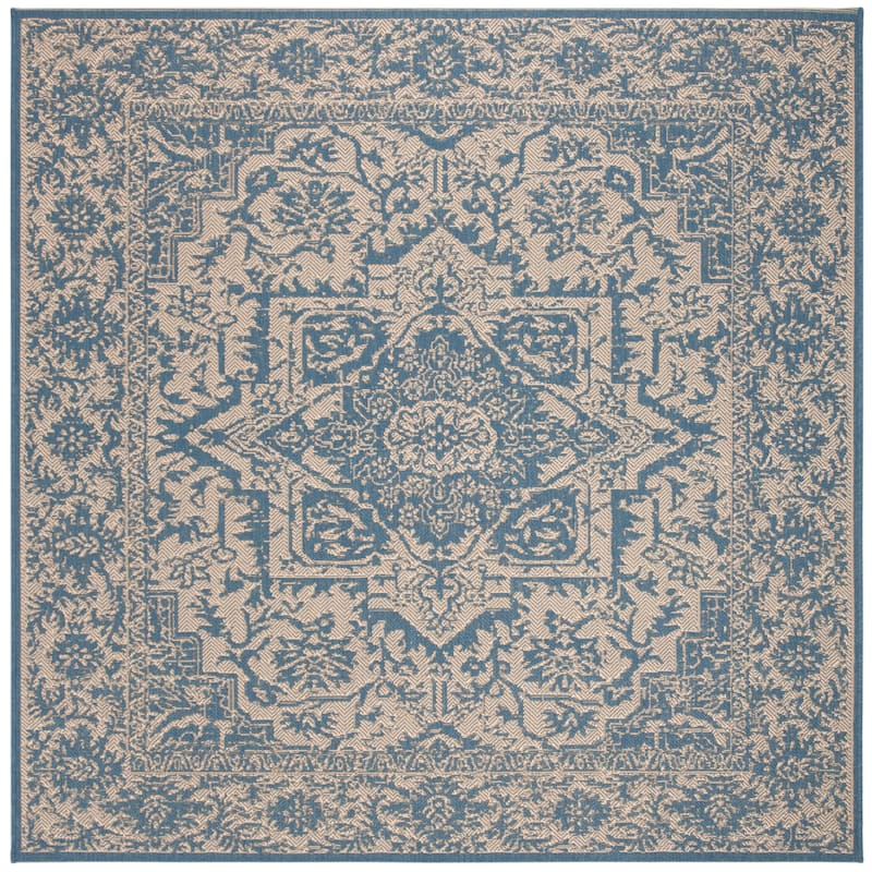 SAFAVIEH Linden Rick Indoor/ Outdoor Waterproof Patio Backyard Rug - 6'7" x 6'7" Square - Cream/Blue