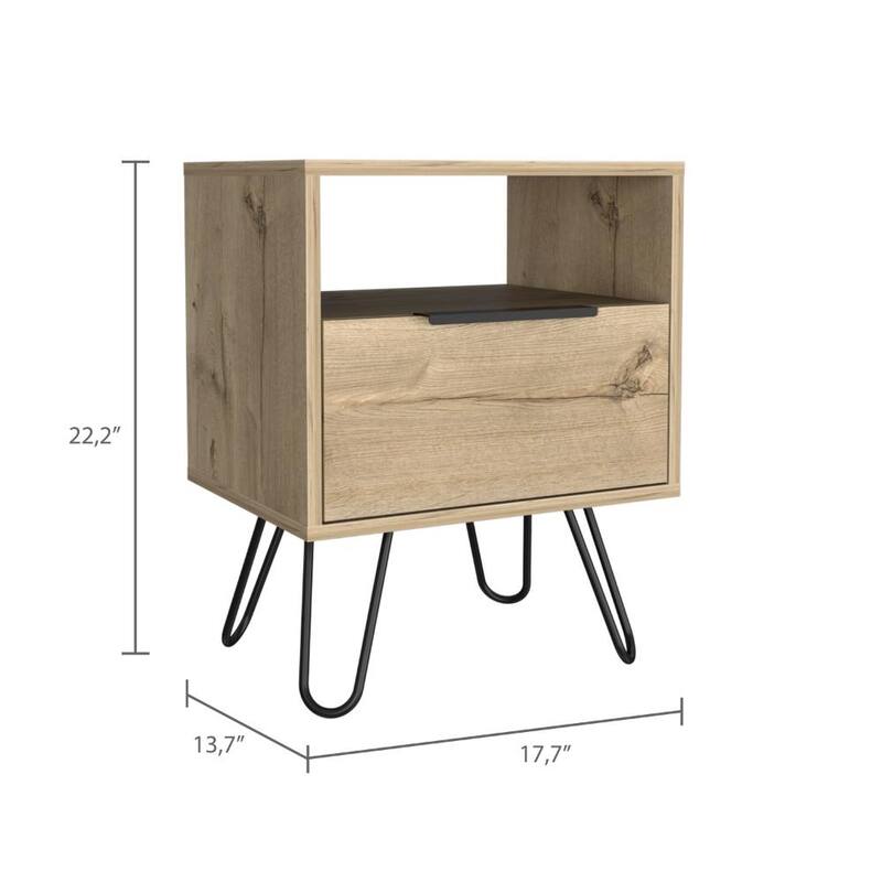 Modern Light Oak Nightstand with Drawer and Open Shelf, Hairpin Legs, Compact Design for Bedroom or Living Room