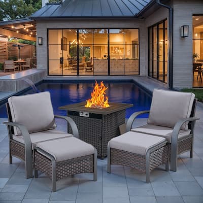 2PCS Patio Chair, 2PCS Ottoman with Fire Pit Table