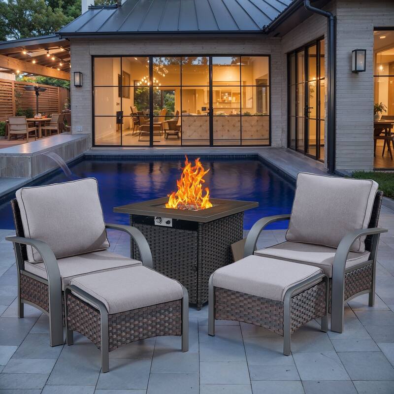 Outdoor Fire Pit with Funiture Set - Brown Rattan - Beige Cushion - 5PC-Patio Chair Ottoman w/ Rattan Fire Table