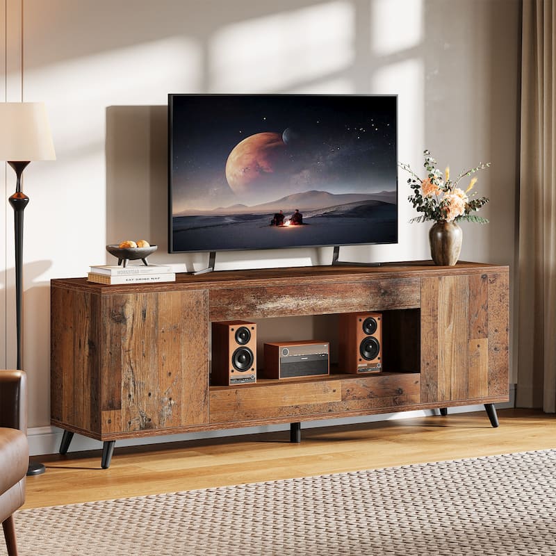 63" TV Stand for TV Up To 75'', Entertainment Center Media TV Console Cabinet - Distressed Brown