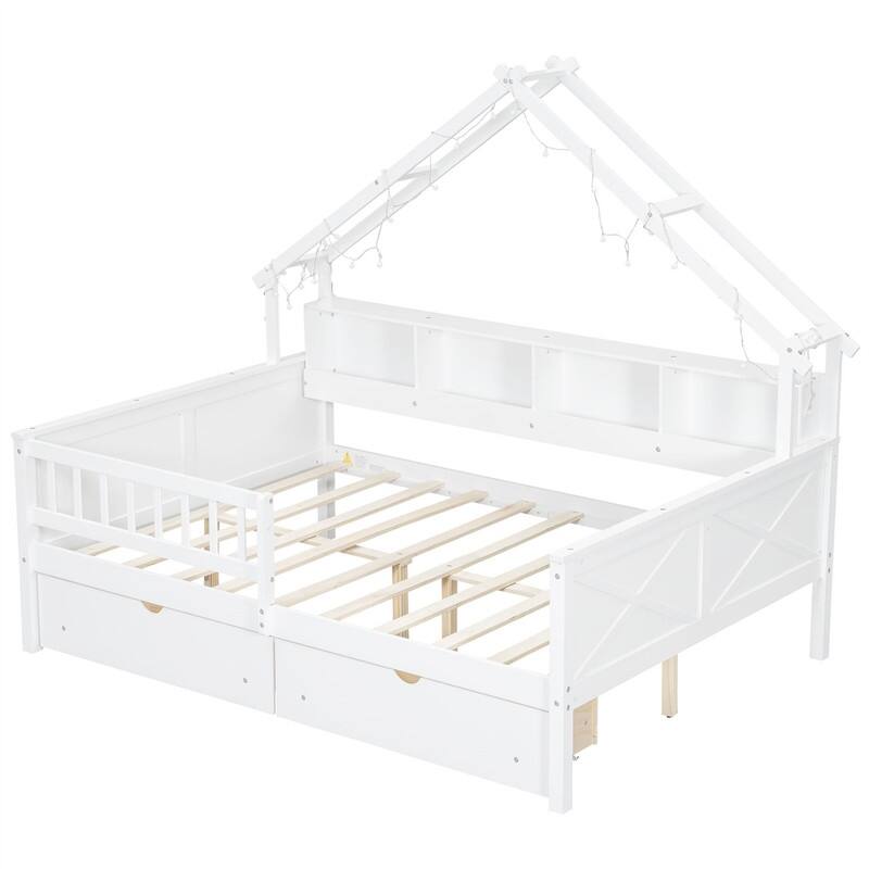 Wooden House Platform Bed with LED Light and 2 Storage Drawers, Full Size Daybed Sofa Bedframe with Storage Shelves & Guardrail