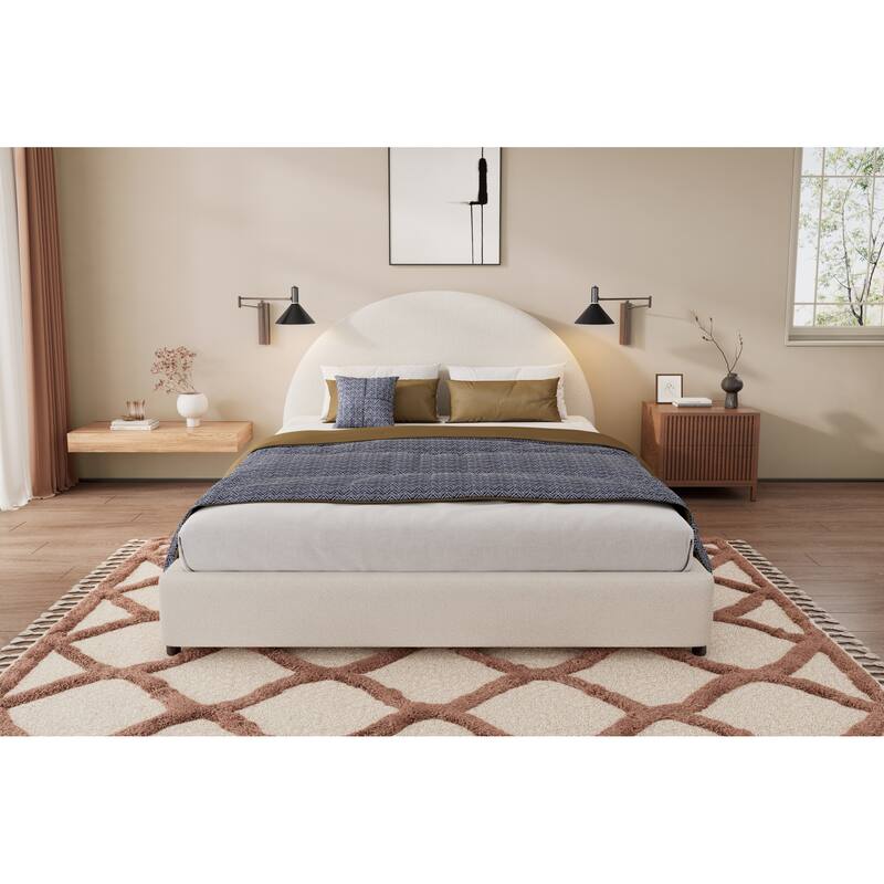 Roomfitters Queen/Twin Size Boucle Upholstered Platform Bed with Round Curved Headboard, Modern Bedroom Style, White