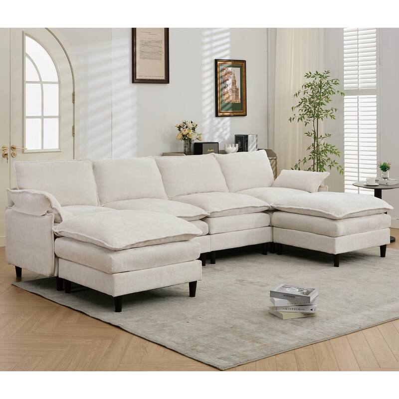 121.5" U-Shaped Chenille Sectional Sofa with 2 Ottomans & 6 Pillows
