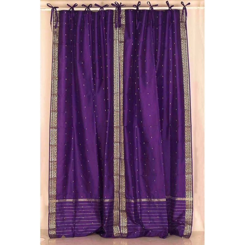 Purple Tie Top Sheer Sari Curtain / Drape / Panel - Pair - 60" W X 63" L (Lined) - 63 Inches