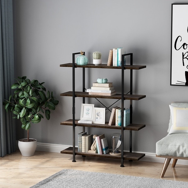 LANGRIA Industrial Bookcase, Vintage Rustic Bookshelf with Black Metal Frame and Multifunctional Antique Wood Look