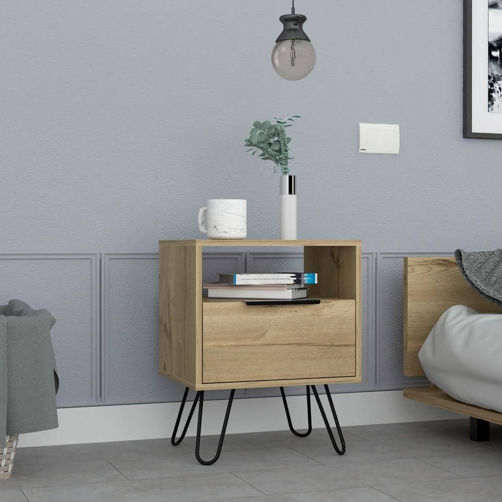 Light Oak Nightstand with Open Shelf, Single Door, and Hairpin Legs