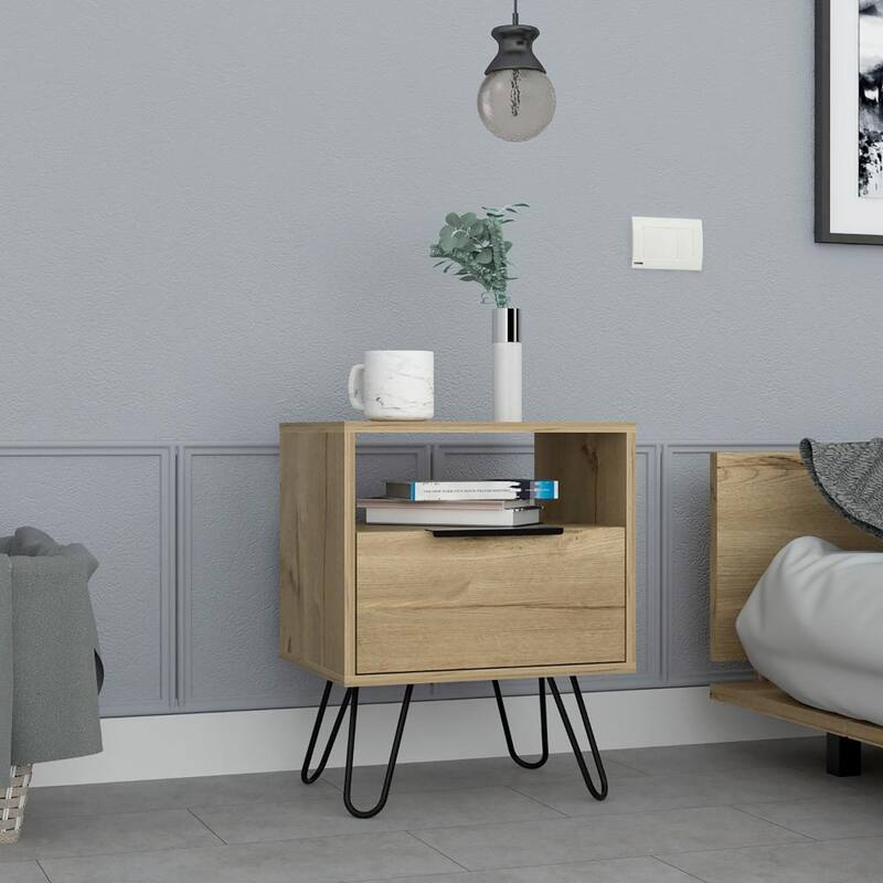 Light Oak Nightstand with Open Shelf, Single Door, and Hairpin Legs - Beige