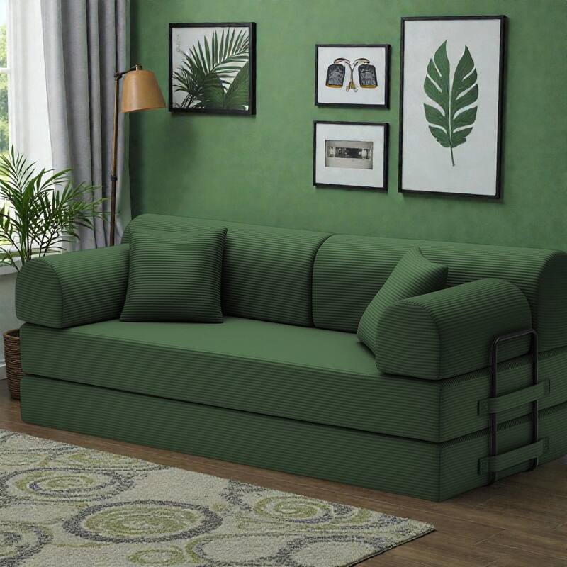 Convertible Sleeper Sofa Bed, 4-in-1 Corduroy Folding Floor Couch with Cylindrical Pillow, 2-Seat Space-Saving Lounge Sofa - Green