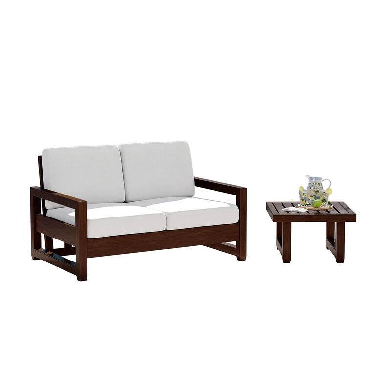Teak Loveseat Patio Set with Cushions and Table (2-Piece)