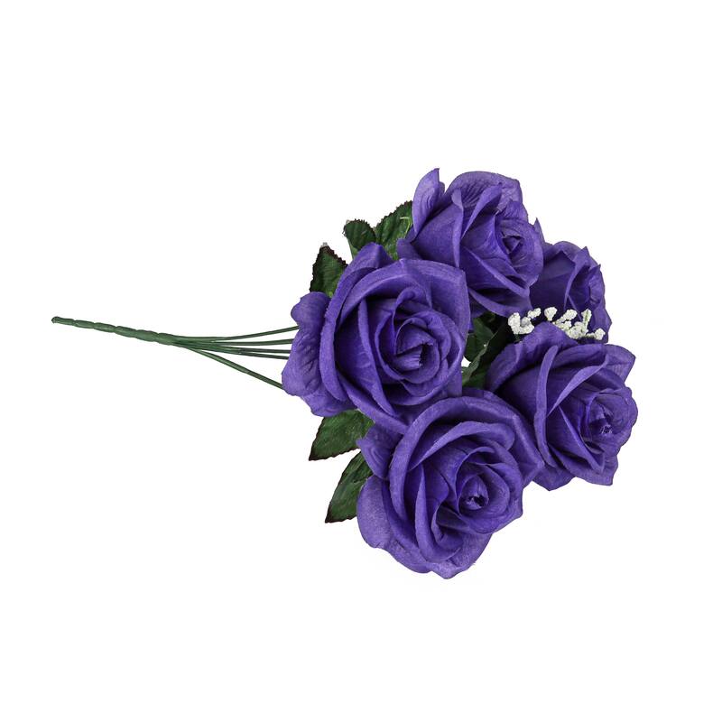 Set of 12 Dark Purple Artificial Open Rose Flower Stem Bush Bouquet 14in - 14" L x 7" W x 7" DP