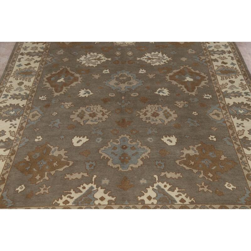 Gray Oushak Indian Area Rug Handmade Floral Transitional Wool Carpet - 7'11" x 10'1"