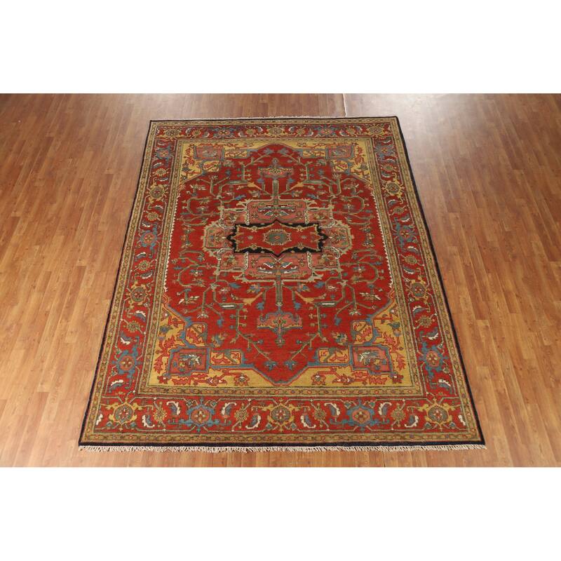 Hand Knotted Oriental 100% Wool Carpet Traditional Floral Red Heriz (serapi) Area Rug - 10' 1'' X 7' 11''
