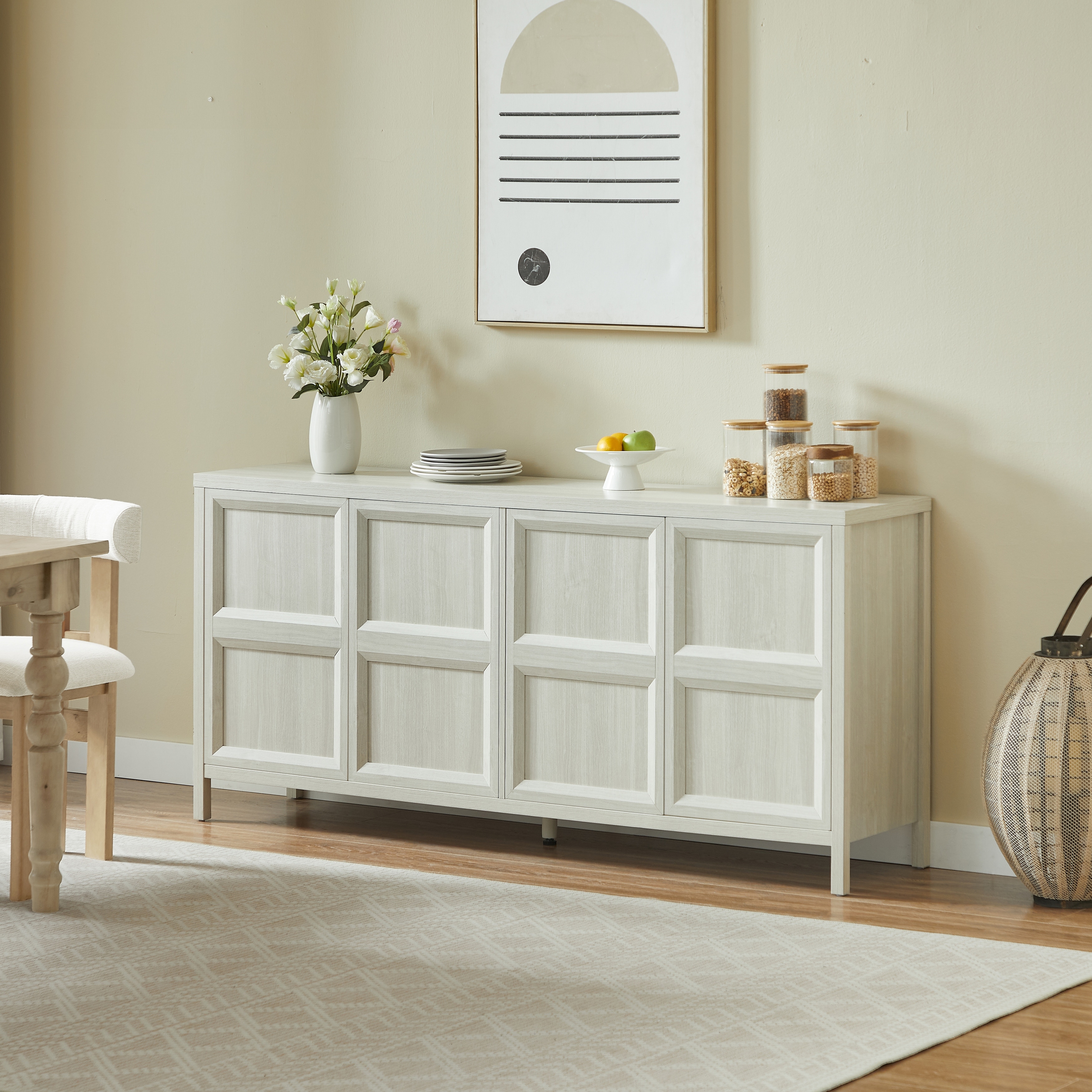 67-Inch Modern Sideboard Storage Cabinet with Tip-On Doors, Light Gray