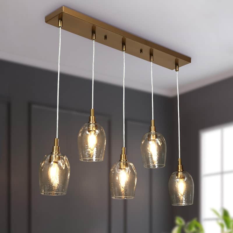 Denan Modern Contemporary Transitional 5 Lights Gold Cluster Linear Chandelier Island Pendant Lights Bar for Dining Room - L30.5" x W4.5" x H69" - Plating Brass